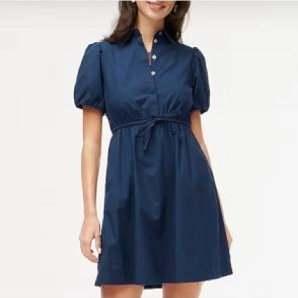 J.Crew Petite Collared Short-Sleeve Tie-Waist Mini Dress In Navy Blue Size 4
